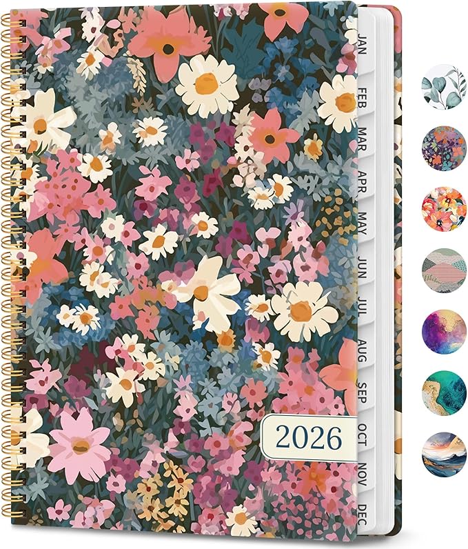 2026 Planner, Weekly and Monthly Calendar Planner Book, January 2026 - December 2026, Hardcover Spiral Planner with Monthly Tabs, Notes Pages, Perfect for Women & Men, A4 (8.5" x 11") - Flower