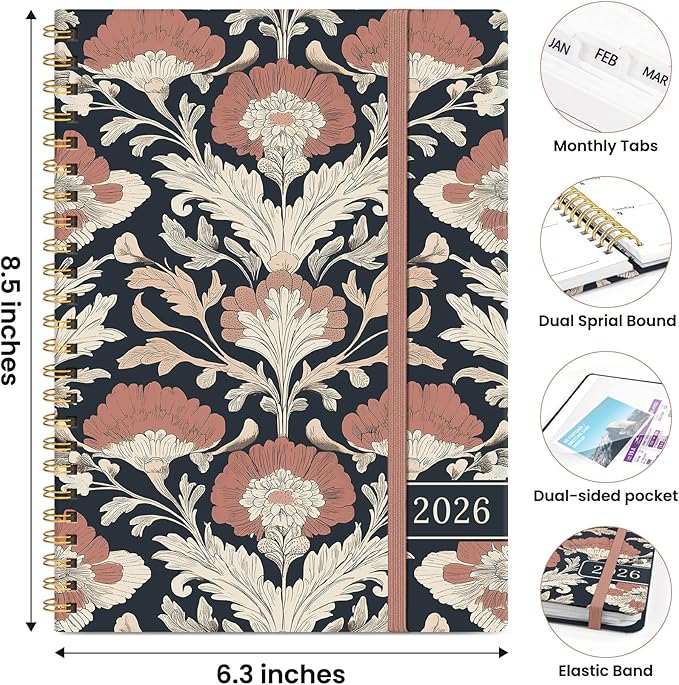 2026 Planner, Weekly and Monthly Planner for Women, January 2026 to December 2026, Pretty Hardcover 2026 Calendar Planner Book with Tabs, Inner Pocket, Spiral Bound, Perfect Office Home School Supplies - 6.3" x 8.5", Painted Poppies