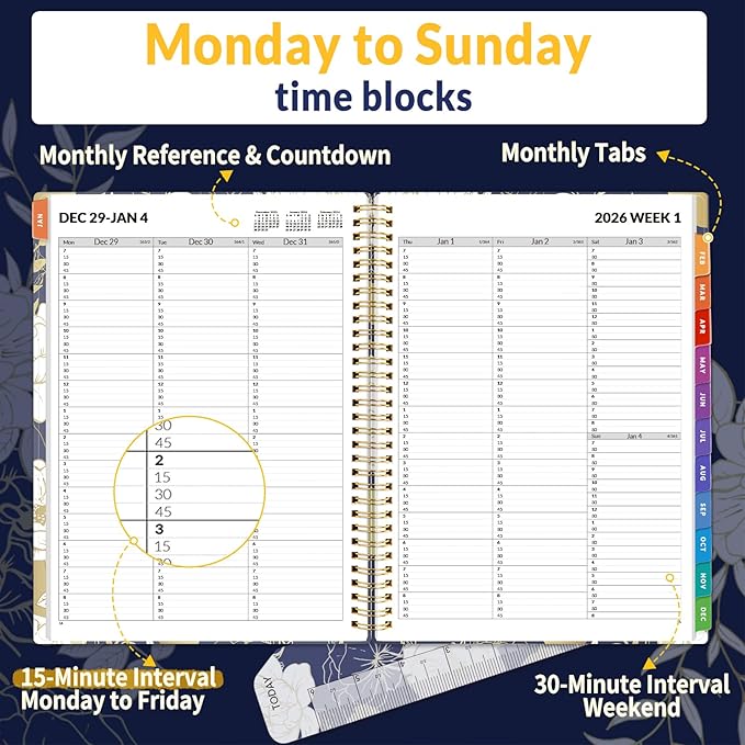 SUNEE 2026 Appointment Book, Quarter-Hourly, Weekly & Monthly - from January 2026 - December 2026, 8.5"x11" Weekly Planner, Flexible Cover, Note Pages, Pockets, Bookmark, Spiral Binding,