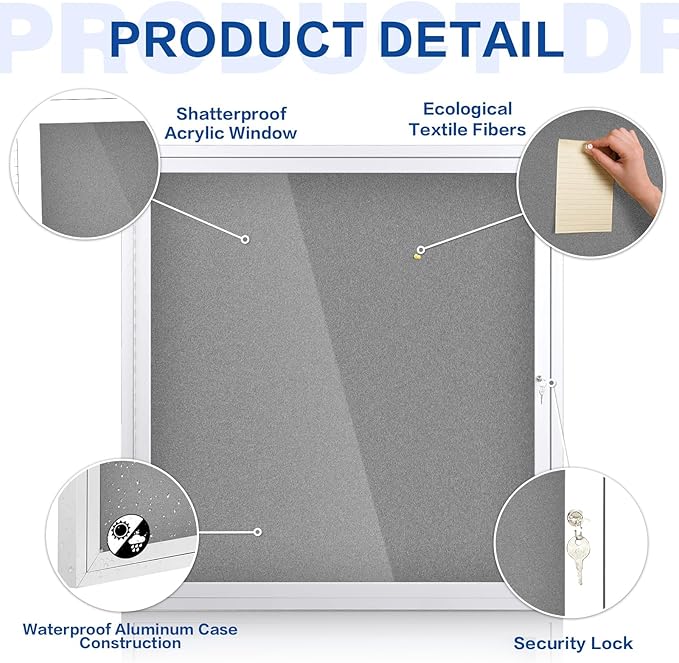 SWANCROWN Enclosed Bulletin Board Grey Felt Displays Boards Weather Resistant Wall Mounted Notice Case,39x37inches