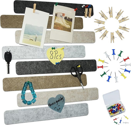8Pcs Bulletin Board Strips,Black Brown Gray Felt Pin Board Bar Strips with 50 Pushpins, Self-Adhesive Felt Cork Board Strips for Wall to Display Your Notes, Photos, Schedules, Announcements