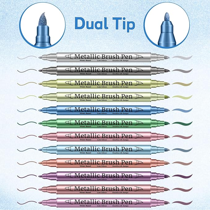 Prudiut 12 Pack Metallic Markers, Dual Tip Metallic Paint Pens, Water Based Acrylic Markers for Black Paper & Rock Painting, Scrapbooking Supplies, Marker Set for Glass, Wood