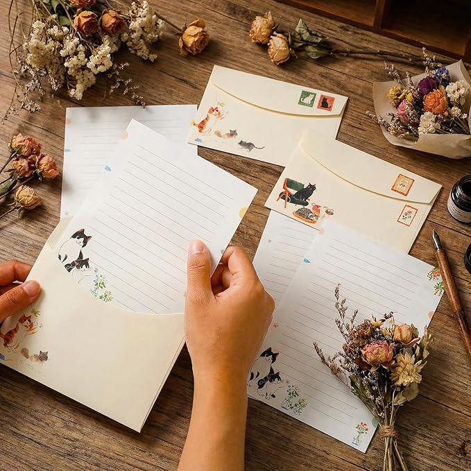Cute Cat Stationery Set 12 PCS Vintage Letter Paper Writing Kit Personalized Stationary Paper and 6PCS Envelopes Set for Women,Pen Pal Supplies Business Papers Handwriting Holiday Greetings