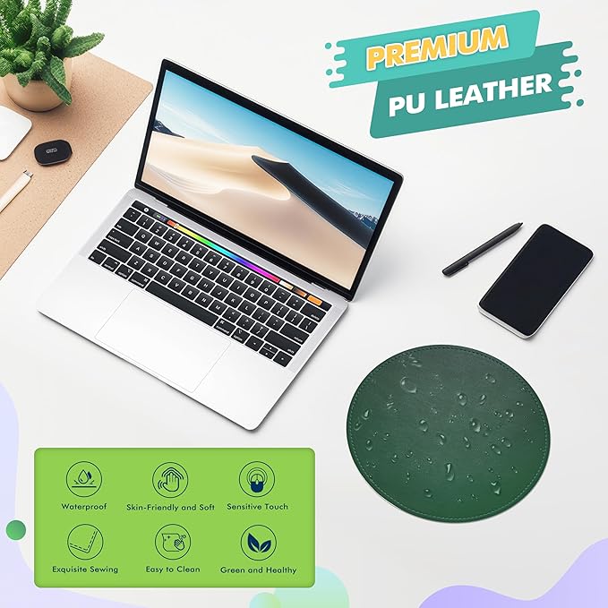 Mouse Pad，Round Mouse Pad，PU Mouse Pad，Leather Mouse Pad with Stitched Edge Micro-Fiber Base with Non-Slip Waterproof，Mouse Pad for Computers，Laptop，9 x 9 Inch (Army Green)