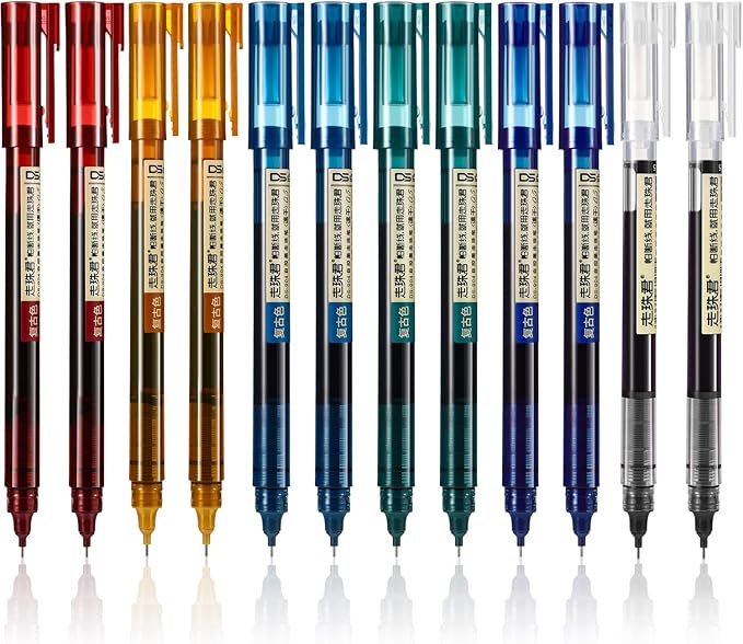 Frienda 12 Pieces Rolling Ball Pens 0.5 mm Japanese Quick Drying Fine Point Pens Liquid Ink Smooth Writing for Office Student Back to School Supplies(Chic Colors)