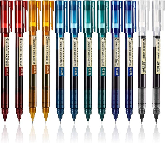 Frienda 12 Pieces Rolling Ball Pens 0.5 mm Japanese Quick Drying Fine Point Pens Liquid Ink Smooth Writing for Office Student Back to School Supplies(Chic Colors)