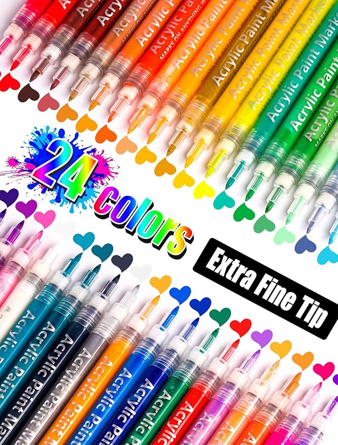 24 Colors Extra Fine Tip Paint Pens Paint Markers, Premium Acrylic Paint Pens For Rock Painting, Canvas, Wood, Glass, Ceramic, Fabric, Acrylic Paint Markers Set for Painting Supplies, Craft Supplies