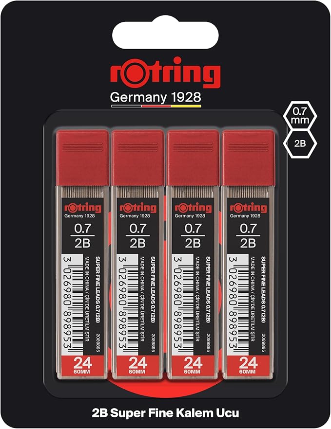 Rotring 0.7 mm 2B Super Polymer Pencil Lead Refills for Mechanical Pencils - 96 Leads in Total - Pack of 4 Tubes