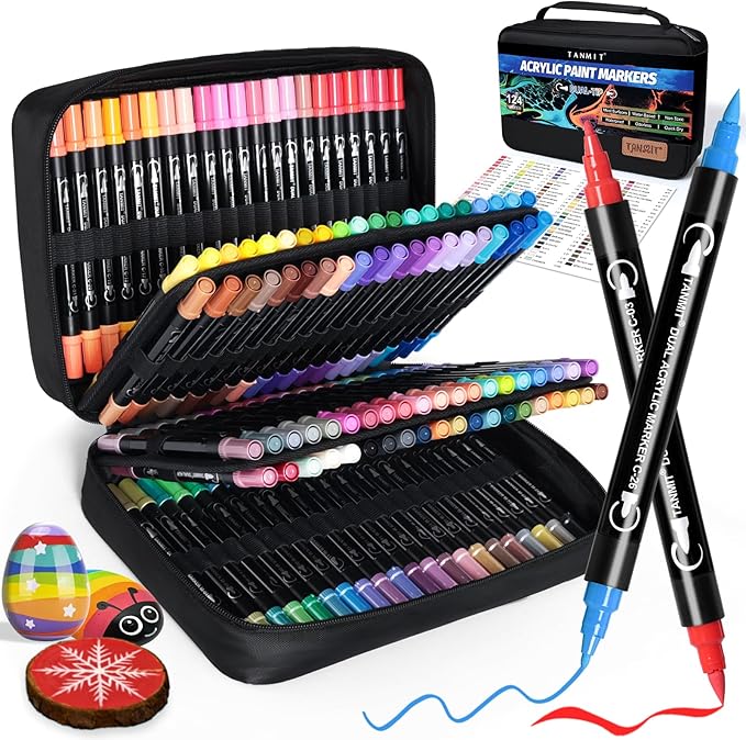 TANMIT 124 Colors Acrylic Paint Pens, Dual Tip Acrylic Paint Markers with Brush Tip and Fine Tip, Acrylic Pens for Rock Painting, Wood, Canvas, Stone, Glass, Ceramic,DIY Crafts Making Art Supplies