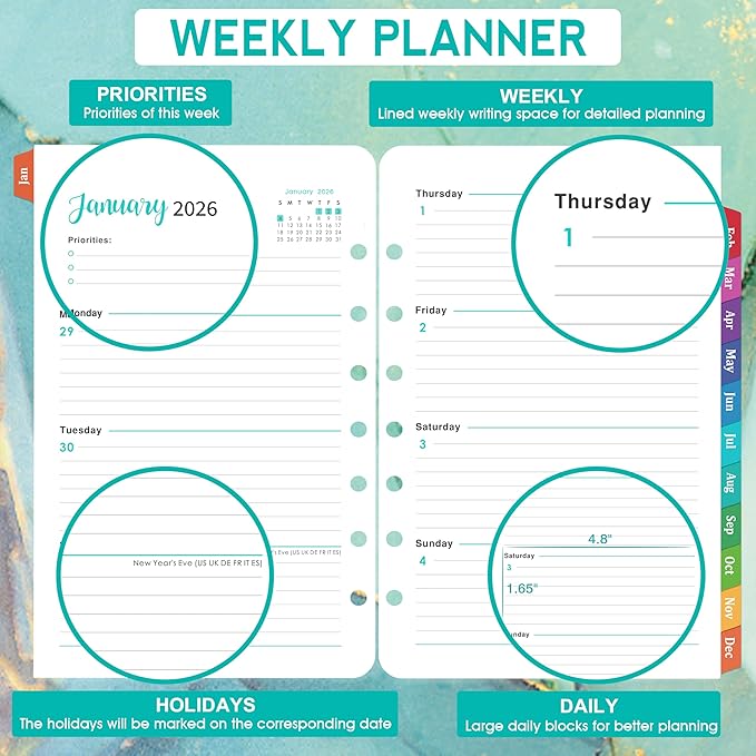 2026 Planner Refills - Planner Refills 2026, JAN 2026 - DEC 2026, A5 Planner Inserts, 2026 Weekly and Monthly Planner Refill, 5.5 x 8.5 inch, 7 Holes - Green