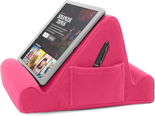 Brookstone Tablet Lap Cushion - Tablet and Phone Holder for Bed, Flights, and Travel, Two Angled Memory Foam Lap Desk for Reading and Hands Free Viewing, Compatible iPad and Kindle Accessories, Pink