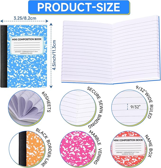 72 Pack Mini Composition Notebooks Bulk College Ruled Half Composition Notebook Narrow Ruled Small Pocket Marble Journal 12 Color 4.5" x 3.25"-60 Sheets for Students Office School Supplies