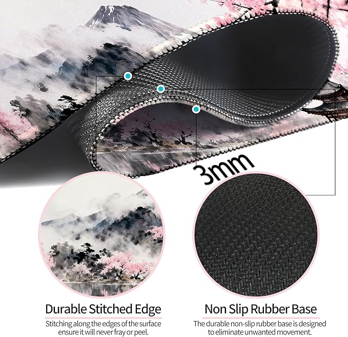 Anime Japan Mount Fuji and Cherry Blossoms XL Large Gray Desk Mat, Extended Long Desk Pad for Gaming and Office, Non-Slip Rubber Base, Comfortable Surface Mouse Pad, 31.5x11.8 in (H17)