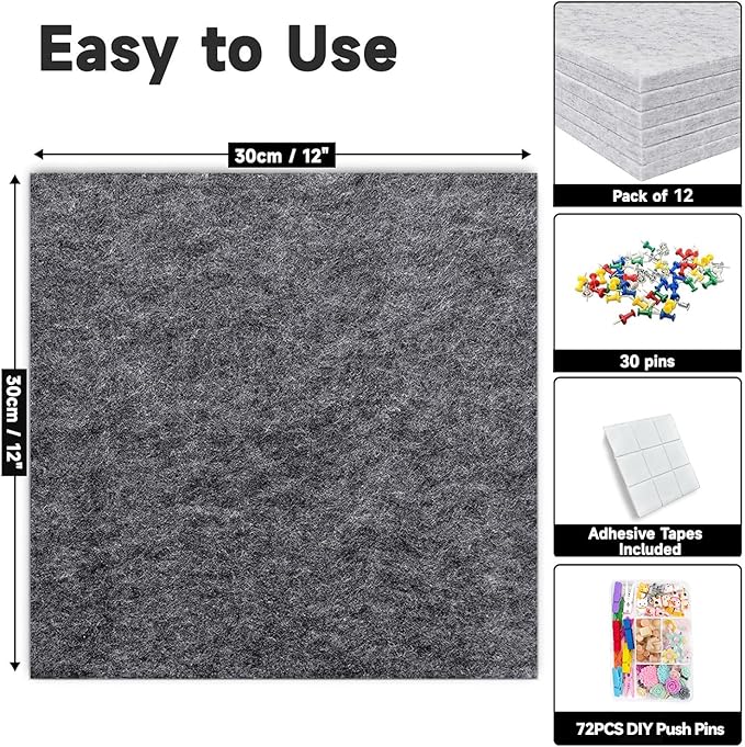Large Cork Board for Walls, Yunihome 12 Pack 36" x 48" Felt Bulletin Board Wall Tiles for Home Kitchen School Office Wall Decor with Assorted Colors DIY Decorative Push Pins Sets