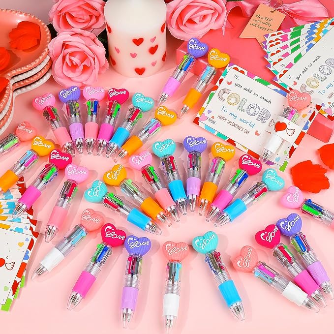 CZWZ 30Pcs Mini Multicolor Pen in One 4-in-1 Cute Pens Bulk for Kids, Ballpoint Pens for Birthdays and Children's Parties, Fun Pens Gifts Assorted Ink Kawaii Pen(LOVE Heart)