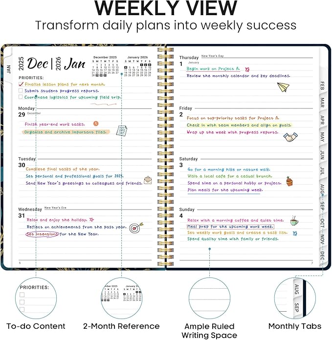 2026 Planner, Weekly and Monthly Calendar Planner Book, January 2026 - December 2026, Hardcover Spiral Planner with Monthly Tabs, Notes Pages, Perfect for Women & Men, A4 (8.5" x 11") - Midnight