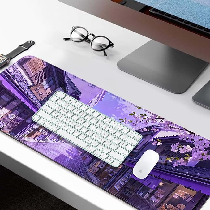 Japanese Anime Purple Cherry Blossom Street XL Large Desk Mat, Extended Long Desk Pad for Gaming and Office, Non-Slip Rubber Base, Comfortable Surface Mouse Pad, 31.5x11.8 in (H16)