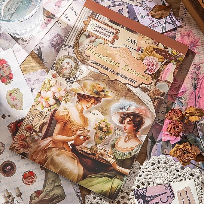 Vintage Scrapbook Sticker Book for Adults, 50 Sheets Aesthetic People Stickers Book for Scrapbooking with 480pcs Washi Stickers and 20 Sheets of Scrapbook Paper Ephemera for Junk Journals Supplies
