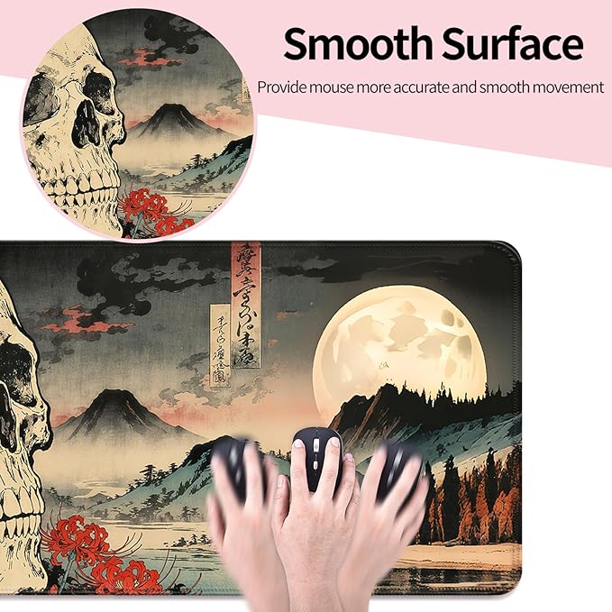 Japanese Retro Skull and Floral XL Large Desk Mat, Extended Long Desk Pad for Gaming and Office, Non-Slip Rubber Base, Comfortable Surface Mouse Pad, 31.5x11.8 in (H11)