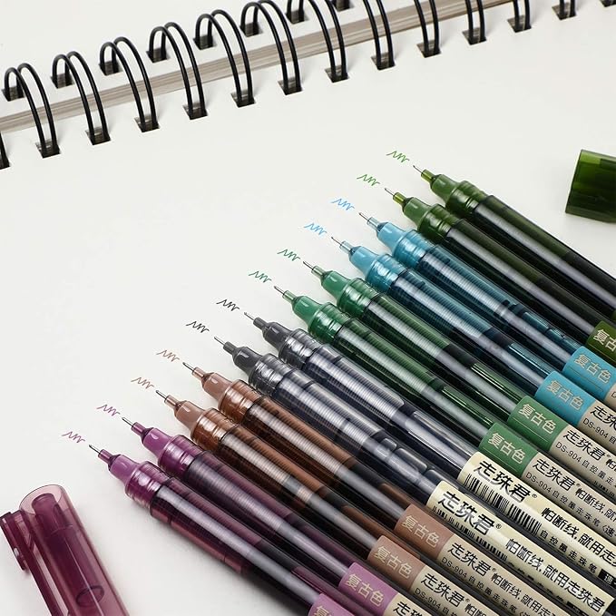 Frienda 12 Pieces Rolling Ball Pens 0.5 mm Japanese Quick Drying Fine Point Pens Liquid Ink Smooth Writing for Office Student Back to School Supplies