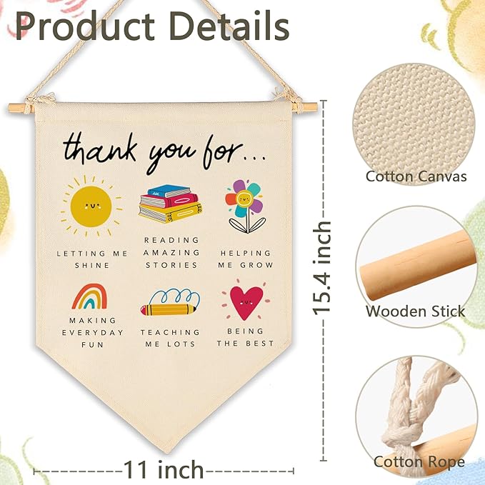 Thank You Gift for Teacher-End of Term Gift for Daycare Nursery Worker,School Nursery-Rainbow Teacher Leaving Present-Canvas Hanging Pennant Flag Banner Wall Sign Decor