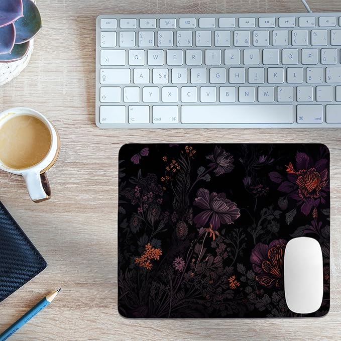 Dark Cottagecore Mouse Pad,Black Floral Mouse Pads,Vintage Wildflower Desk Mat Purple Botanical Desk Mat for Home Office Dorm Desktop Decor,10.2x8.3 Inch