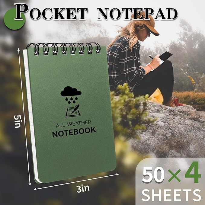 Waterproof Notebook, 4 Pack Top-Spiral Pocket Notepad, 3" x 5" Weatherproof NotePad, Police Pocket Notebook Memo Steno Note Pads for Outdoor Office School Recording, Army Green