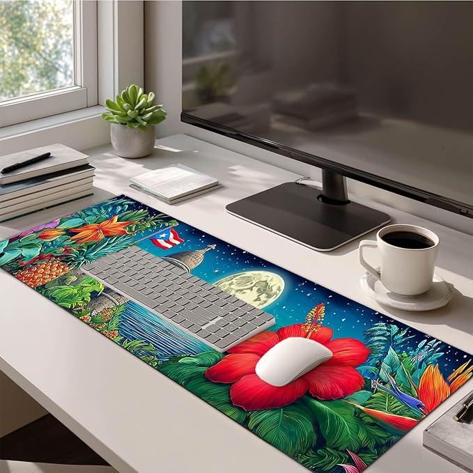 Large Mouse Pad Gaming Mousepad 31.5 x 11.8 Inch Keyboard Desktop Mat Diatomite XL Mouse Pad for Home and Office Desk Accessories with Tropical Coast Moonlight Floral Artwork