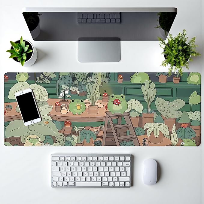 Green Bean Frog Mouse Pad Abstract Cute Frog Mouse Pad 31.5x11.8 Inch Kawaii Green Desk Decor Non-Slip Rubber Base Large Mousepad Stitched Edges Keyboard Mouse Mat Desk Pad for Office and Home
