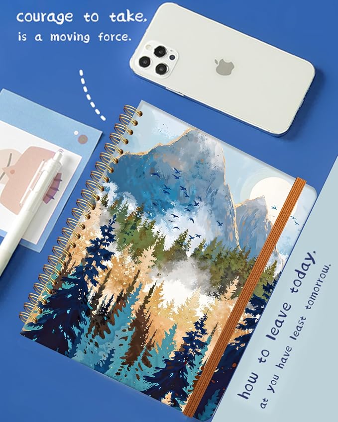 Ruled Spiral Writing Notebook,A5 Hardcover Lined College Journal for Women Lady,Fashion Puppy Watercolor Strong Twin-Wire Binding with Premium Paper,8.4" X 6",Perfect for School,Office,Home Gifts(Foggy Mountains Landscape)
