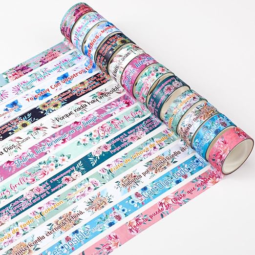 Janlaugh 24 Rolls Christian Washi Tape for Bible Journaling Gifts Bulk Religious Inspirational Scripture Supplies Spanish Floral Bible Verse Washi Tape for Study Crafting Spring Valentine's Day Gifts