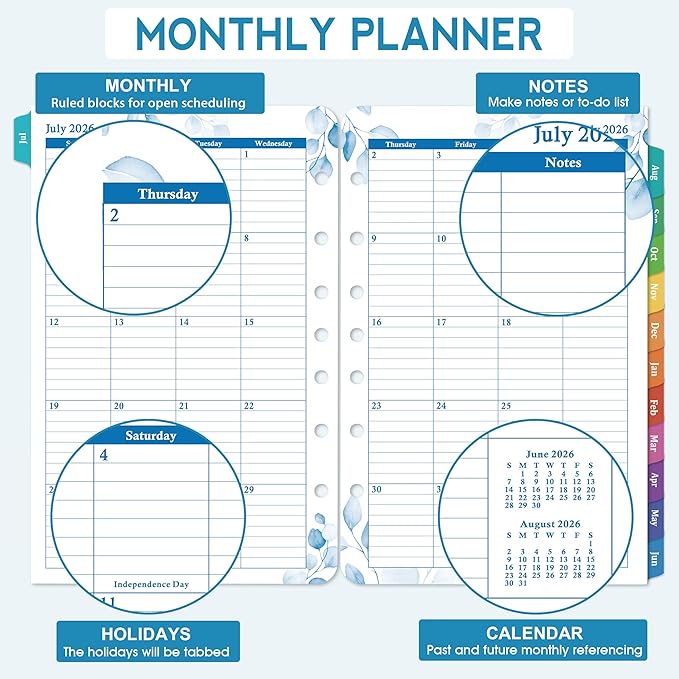 2026-2027 Planner Refills – July 2026 - June 2027, Daily Planner Refills 2026-2027, Two Pages Per Day Daily & Monthly Planner Inserts, 8.38" x 5.51", Ring-Bound with Tabs