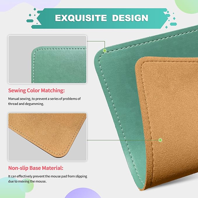 Mouse Pad, PU Mouse Pad，Leather Mouse Pad with Stitched Edge Micro-Fiber Base with Non-Slip Waterproof，Mouse Pad for Computers，Laptop, 8x11Inch (Turquoise)