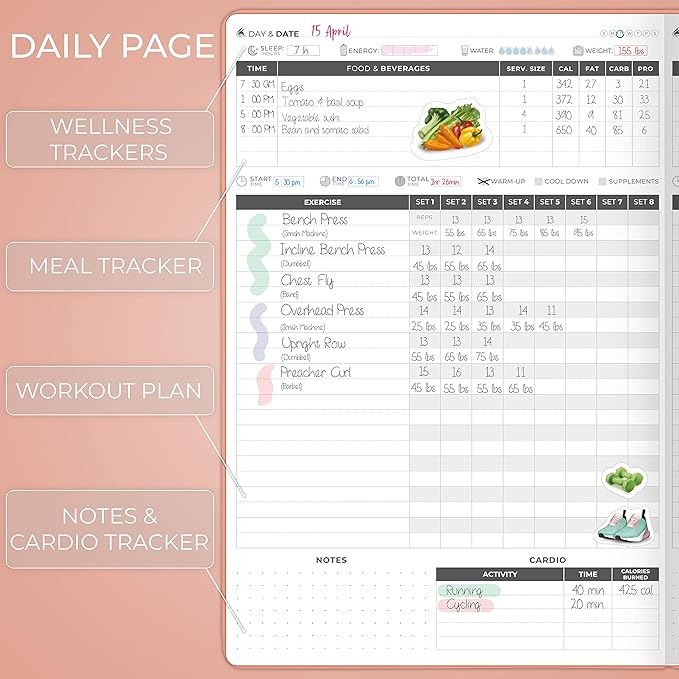Clever Fox Fitness Journal PRO – Daily Workout Planner with Meal Planner & Habit Tracker – Gym Exercise Log Book for Women & Men – Fitness Planner Notebook – Lasts 6 Months, 7x10” - Light Pink