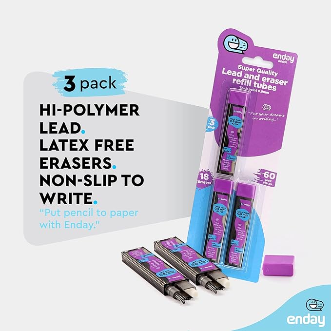 Enday Mechanical Pencil Leads & Eraser Refills, 0.9mm, Black HB #2, 60 Pieces of Lead & 18 Erasers (3 Packs of 20 Pieces of Lead & 6 Erasers)