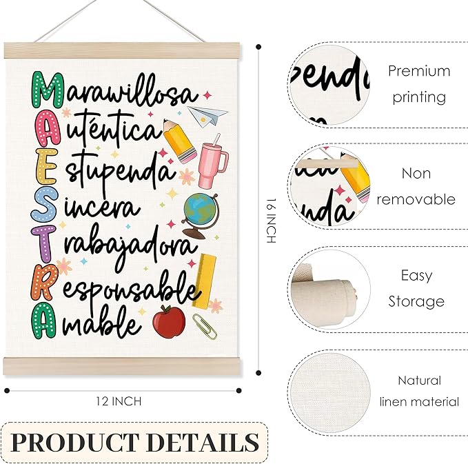 Koesus Regalos Para Maestras Mujeres Wall Art Poster Hanger Frame 12x16 Inch, Spanish Teacher Appreciation Gifts Canvas Pictures Prints Framed Wall Decor for Teacher Office Home