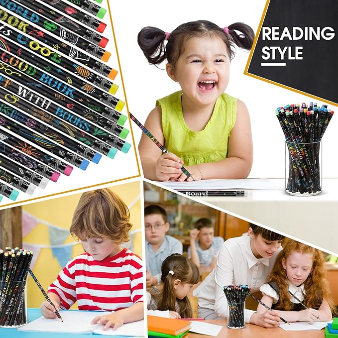 Pasimy 120 Pcs Reading Motivational Pencils Bulk Black Novelty Wooden Pencils with Eraser Classroom Inspirational Pen with Sayings for Kids Student Teacher School Reward Gifts Stationery Party