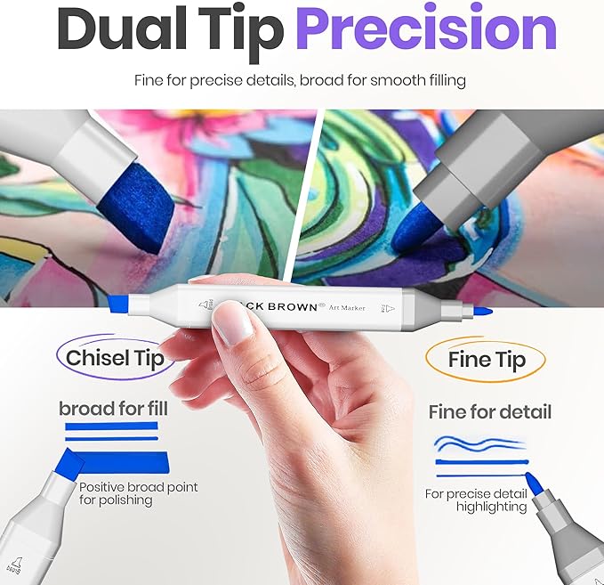 JACK BROWN 120 Colors Alcohol Markers Set with Fine & Chisel Dual Tip - Professional Art Markers for Adults & Kids, Perfect for Drawing, Sketching, Coloring & Animation - Includes Durable Marker Case