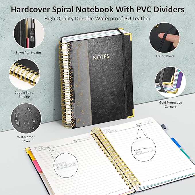 Hardcover Spiral Notebook Journal with Removable PVC Dividers - 8'' x 10'' Large 300 Pages B5 Hardcover Leather Lined Journals Notebook with Tab for Work Note Taking Office Home School Supplies, Black