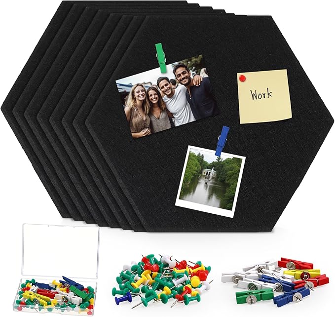 8 Pcs 12" Large Hexagon Felt Cork Board Tiles Self Adhesive DIY Bulletin Board Pin for Office Home Wall Decor Stickers Memos Photos Display with 10 Multi-Color Clip Drawing Pins(Colorful)