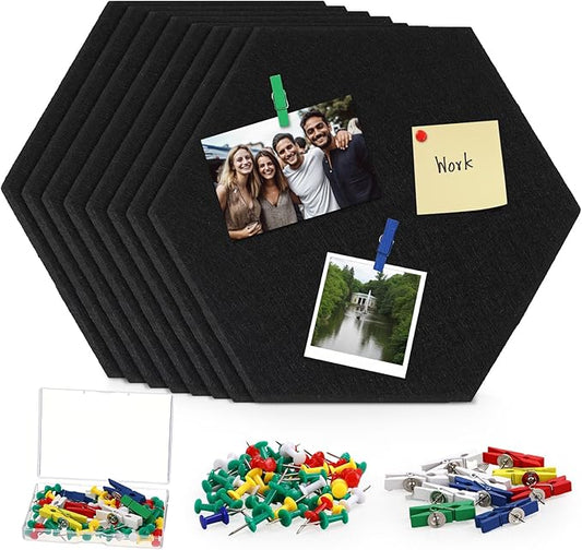 8 Pcs 12" Large Hexagon Felt Cork Board Tiles Self Adhesive DIY Bulletin Board Pin for Office Home Wall Decor Stickers Memos Photos Display with 10 Multi-Color Clip Drawing Pins(Colorful)