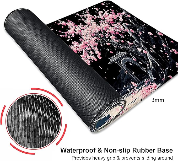 Black Japanese Cherry Blossom Large Mouse Pad, Desk Mat Computer Keyboard Pad Non-Slip Rubber Base Waterproof with Stitched Edges for Laptop Gaming, Office & Home 31.5 x 11.8 Inch (XL-21)