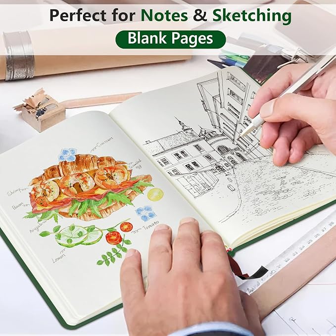 Blank Journal Ntebook for Men & Women, 160 Pages Blank Journals for Writing, Drawing,Sketch Book,5.9" x 8.5" Leather Sketchbook, Unlined Notebook for Work, School, Art (Green)