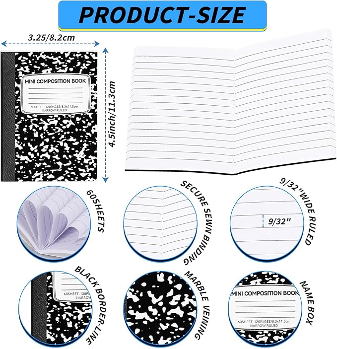 48 Pack Mini Composition Notebooks Bulk College Ruled Half Composition Notebook 4.5" x 3.25" Narrow Ruled Small Pocket Marble Journal 60 Sheets for Students Office School Supplies