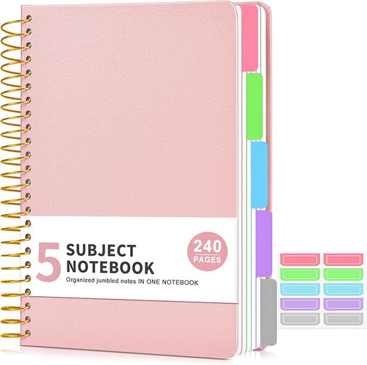 5 Subject Notebook College Ruled, A5 Hardcover Spiral Notebook with Removable Pocket Dividers Tabs, 240 Pages Lined Spiral Journal Notebook for Women, 6x8.5 Notebooks for Work School Note taking Pink