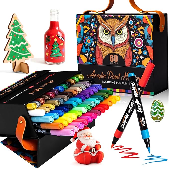 Aen Art 60 Colors Brush Tip Acrylic Markers, Water-Based Acrylic Paint Pens for Glass, Stone, Fabric, Ceramic, Wood, Canvas, Rock Painting, Card Making and DIY Crafts