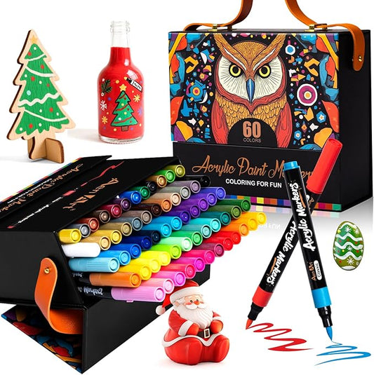 Aen Art 60 Colors Brush Tip Acrylic Markers, Water-Based Acrylic Paint Pens for Glass, Stone, Fabric, Ceramic, Wood, Canvas, Rock Painting, Card Making and DIY Crafts