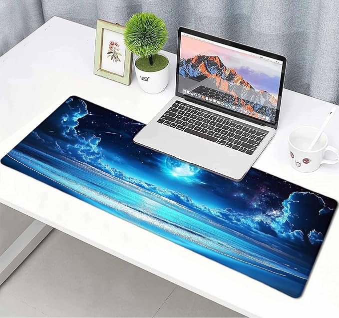 Blue Full Moon Sea Beach Large Mouse Pad, Desk Mat Computer Keyboard Pad Non-Slip Rubber Base Waterproof with Stitched Edges for Laptop Gaming, Office & Home 31.5 x 11.8 Inch