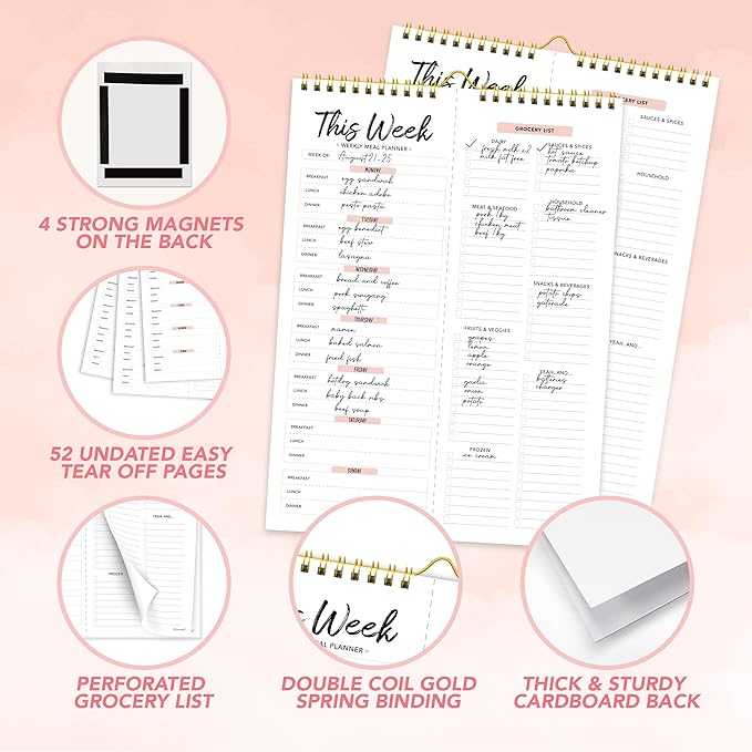 Decorably 52 Sheets Minimal Pink Undated Magnetic Weekly Meal Planner and Grocery List Notepad with 4 Strong Magnets - 8.5x11in Spring-Bound, Refrigerator Mountable, Easy Tear-Off Design