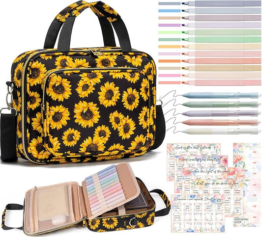Bible Cover Case for Women, Large Bible Bag w/Shoulder Strap, Bible Study Supplies Journaling Kit Book Carrying Case with Pastel Highlighters 75 Tabs, Valentines Day Christian Gifts for Women Her Mom